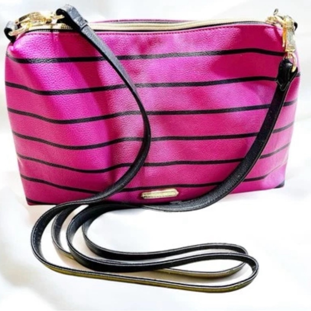 BETSEY JOHNSON……..…Black & Pink Striped Floral Lined Shoulder Bag.  Pre Loved..